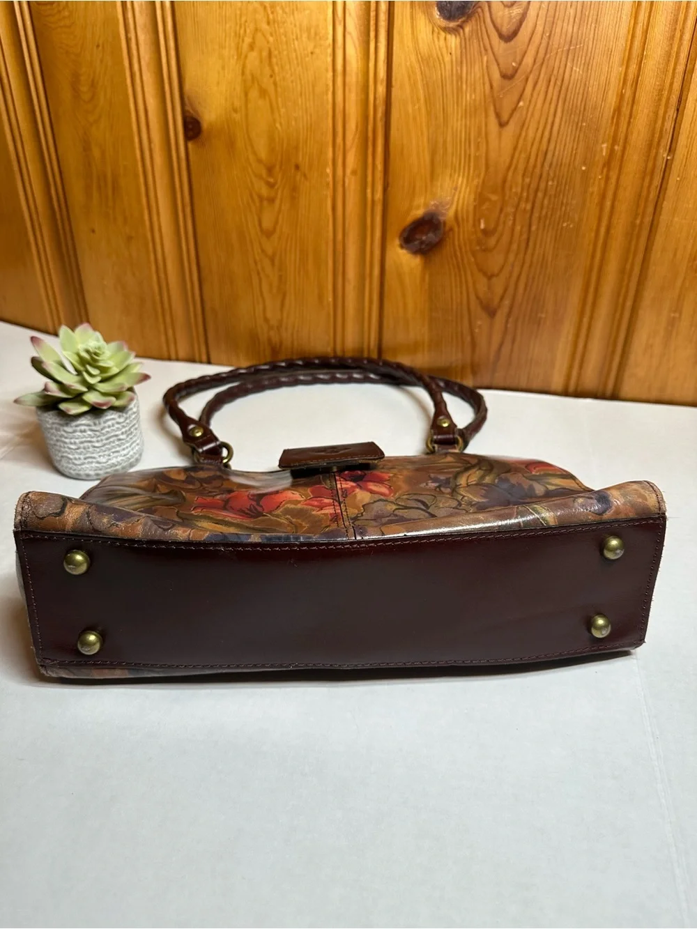 Patricia Nash Brown Hand-Painted Floral Shoulder Bag with Red Accents